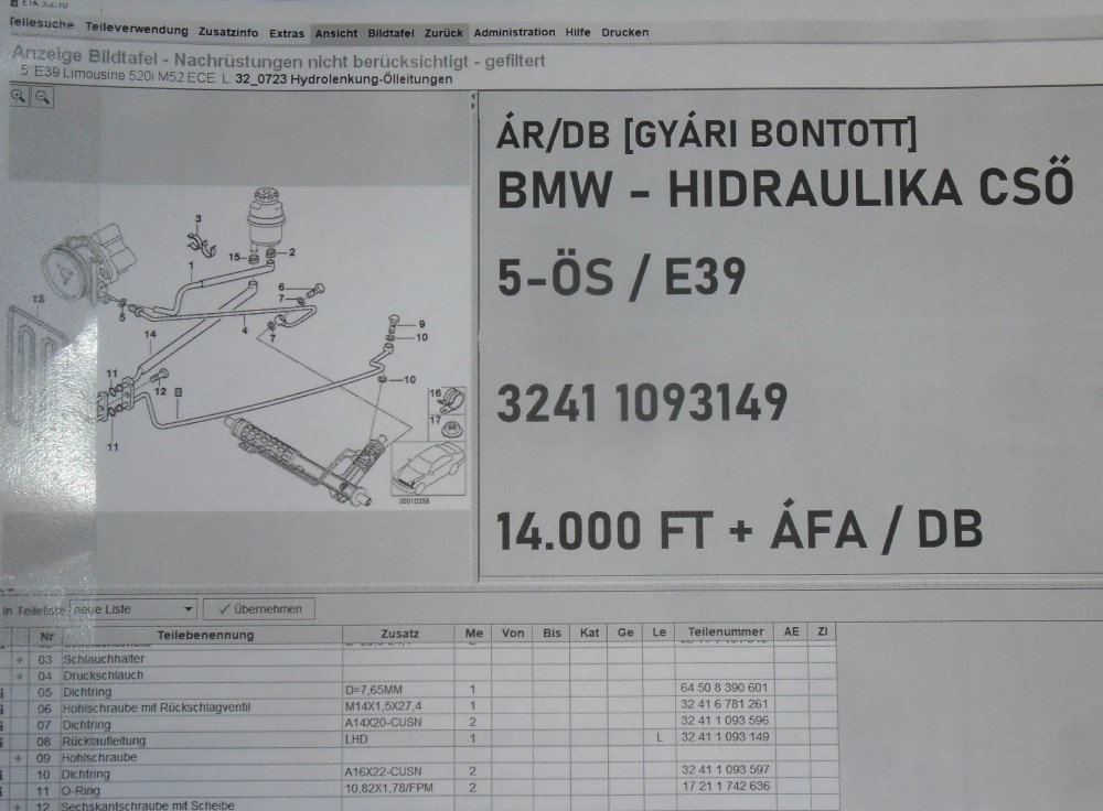 ÁR/DB! [GYÁRI BONTOTT] BMW - HIDRAULIKA CSŐ - 5-ÖS / E39 - 32411093149 5. kép